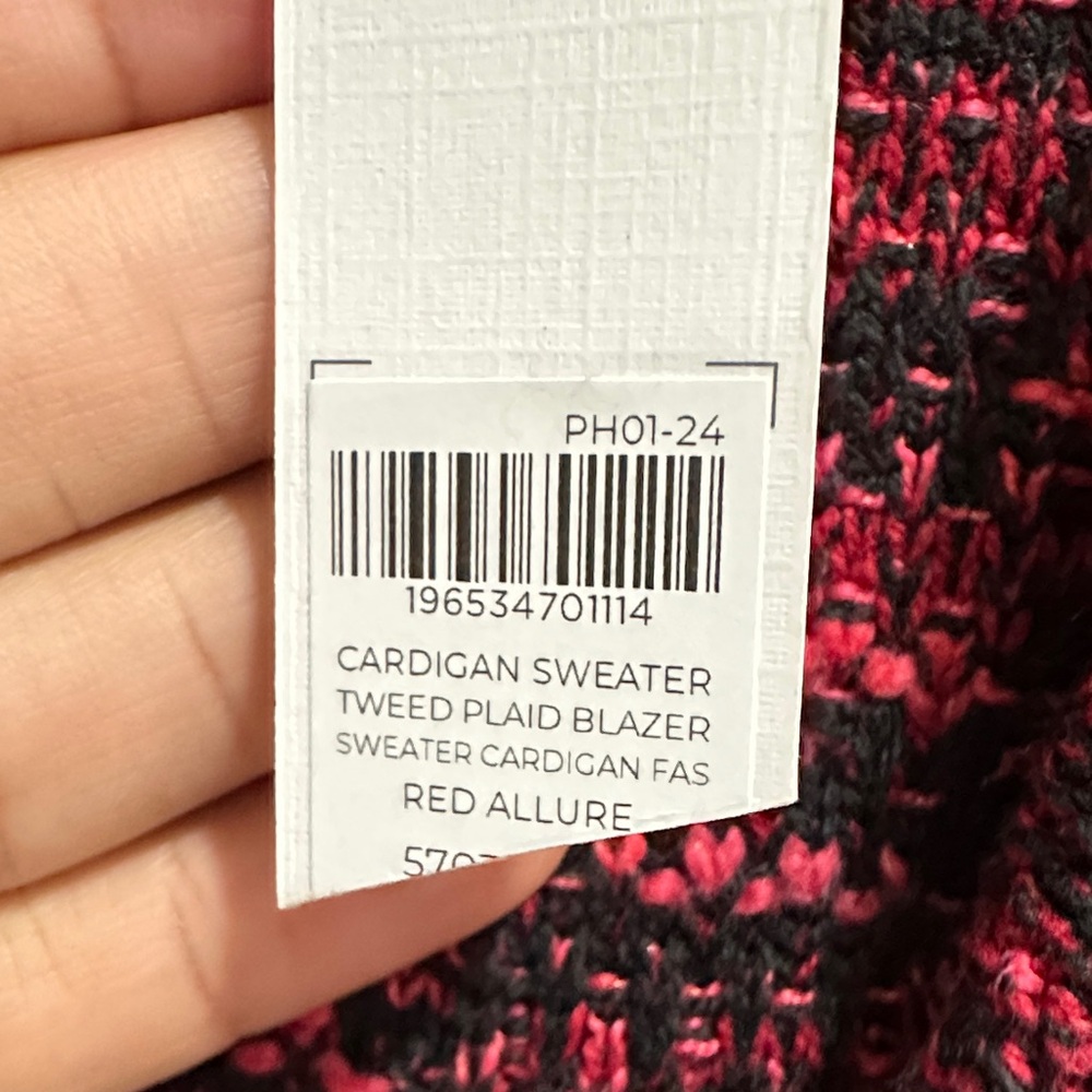 Chico's Red Allure Tweed plaid Blazer cardigan sweater - Picture 3 of 15